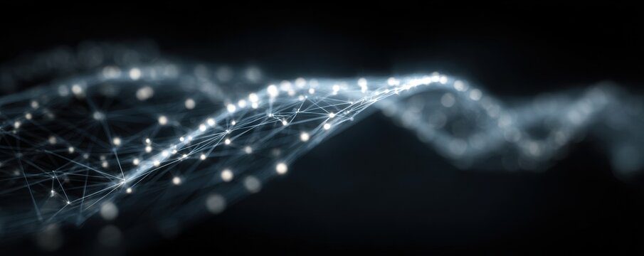 Glowing lines with connected dots creating a network visualization. Data flow concept, Wi-Fi wireless internet connection network technology.