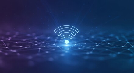 Digital wi-fi symbol on a blue background. Wireless network and internet connection concept. Global communication and modern technology.