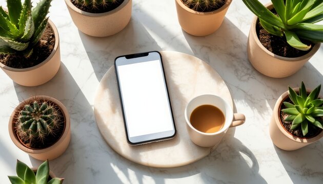 Smartphone mockup with blank screen digital content next to a coffee cup on a marble tray, surrounded by potted succulent plants in natural sunlight on a white table coffee shop copy space mobile app - Powered by Adobe