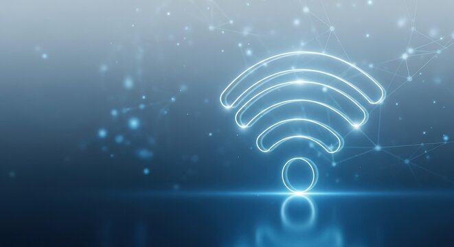 Glowing Wi-Fi symbol with network connections background. Wireless internet signal, connectivity, and communication concept for technology. - Powered by Adobe