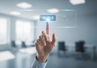 Man hand touching wi-fi 6 virtual button with networking data. Wireless high-speed internet connection concept. Modern communication technology.