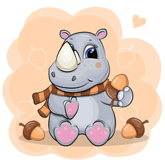 Cute cartoon Rhino with scarf and acorns. Autumn Vector illustration of animal on orange background.