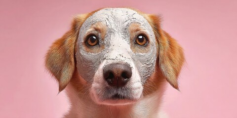 Close-up beagle mix dog with gray clay face mask looking at camera on soft pink studio background, detailed fur textures and wet nose in foreground, concept of pet grooming and playful spa humor