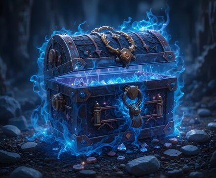 A glowing enchanted treasure chest surrounded by blue magical sparks and mysterious atmosphere.