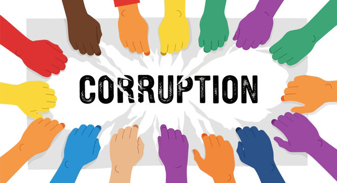 Diverse hands united against corruption representing global collaboration to eradicate unethical