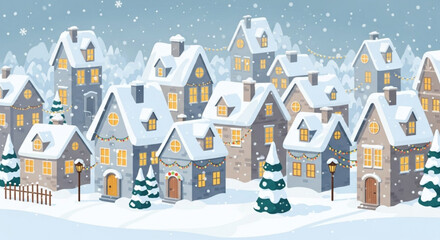 Fototapeta premium Enchanting winter village scene with snow-covered houses, twinkling lights, and festive decorations, perfect for holiday cards and seasonal designs