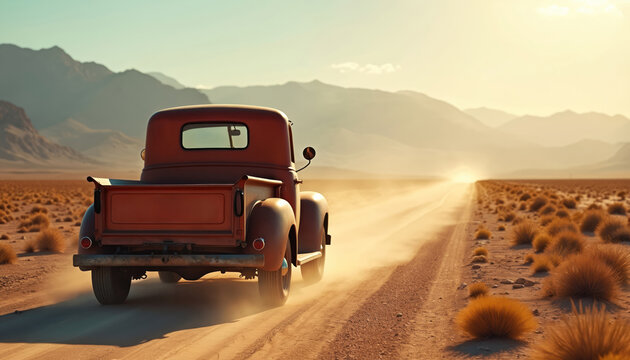 Red vintage pickup truck drives on dusty desert road. Vehicle kicks up dust cloud, traveling through vast arid landscape. Distant mountains under bright sky. Dry bushes line remote route. Sun shines