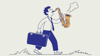 A whimsical musician in a vibrant blue suit carrying a case perfect for music events promotions or entertainment themed advertisements and banners
