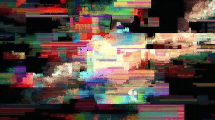 Digital noise effect creates vibrant horizontal lines across a dark background