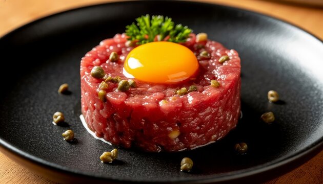 Freshly prepared Wagyu beef steak tartare with a vibrant egg yolk, crunchy capers, aromatic parsley garnish, served as gourmet appetizer on sleek black plate product card image for food delivery app - Powered by Adobe