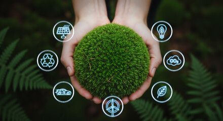 Sustainability concept with hands holding a green moss ball representing the Earth, surrounded by icons for ESG and green energy.