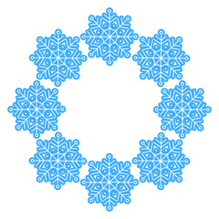 Vector illustration of cute snowflakes circular frame. Winter holiday design, Christmas decoration, snowflake wreath perfect for greeting cards and prints