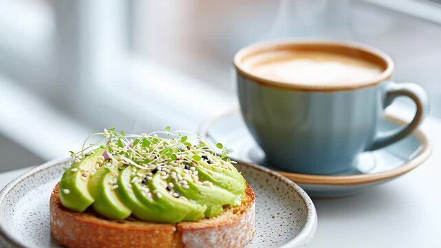 Avocado toast and coffee with rustic gray background and floral decor