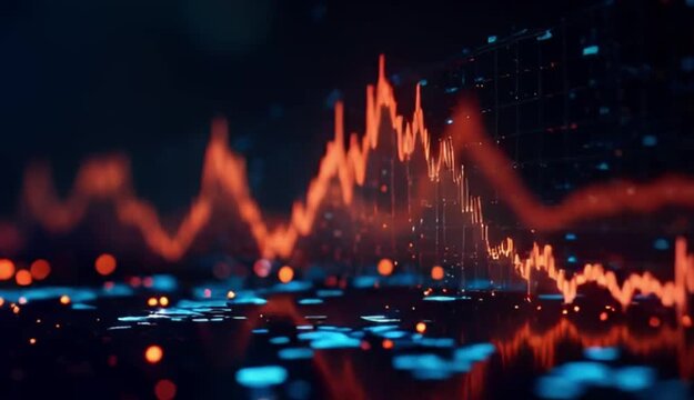 Futuristic stock market graph showing financial data fluctuation and volatility in a dark digital environment.