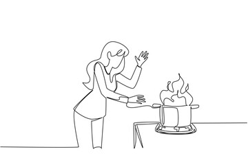 One line drawing of a woman recoiling in surprise and alarm as a burning saucepan pot on the stove catches fire, show sudden kitchen mishaps. Flaming incident. National Kitchen Klutzes of America Day.