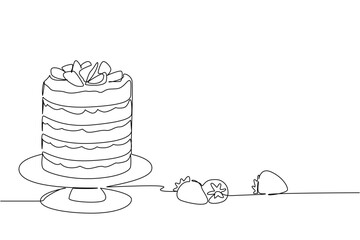 One line drawing of a tall, multi layered strawberry shortcake on a cake stand, with whole strawberries alongside, emphasizing its grandeur and fresh ingredients. Strawberry Shortcake Day event