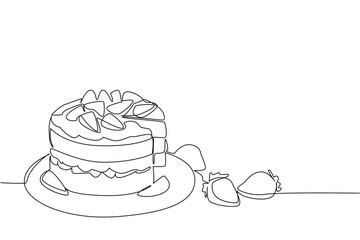 Continuous line drawing of a round, layered strawberry shortcake on a plate, with several loose strawberries beside it, suggesting readiness to be enjoyed. National Strawberry Shortcake Day event