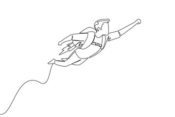 Continuous line drawing of a businessman flying upwards with a jetpack on his back, representing quick career progression and accelerated success. National Productive Business Civility Day