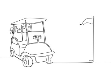Continuous line drawing of a golf cart with clubs in the back, facing a flagstick on a golf course, symbolizing the sport and leisurely activity. National Golf Cart Day event.