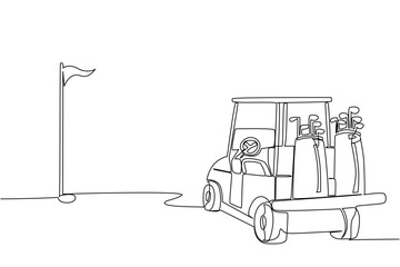 Single line drawing of a golf cart with golf bags in the back, facing away from a flag on a golf course, behind or rear view. Emphasizing the journey on the green. Golf Cart Day event © Simple Line