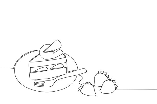 Single line drawing of a slice of strawberry shortcake with missing slice on a plate with a fork and loose strawberries, indicating it's ready to be eaten. National Strawberry Shortcake Day event.