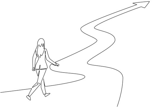 Woman follows a winding arrow road in single line draw. National Productive Business Civility Day with a business concept, emphasizing respect, clarity, vision, and collaborative progress toward goals