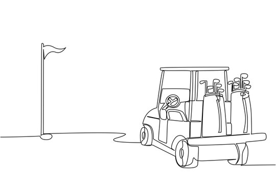 Single line drawing of a golf cart with golf bags in the back, facing away from a flag on a golf course, behind or rear view. Emphasizing the journey on the green. Golf Cart Day event