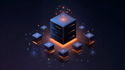 Centralized digital processing units are illuminated with glowing orange and blue light against a dark background
