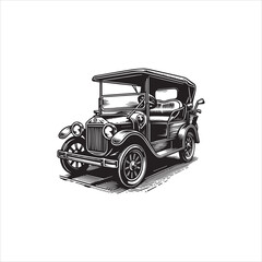 A detailed black and white vintage car in a retro style, a classic automobile vector logo illustration