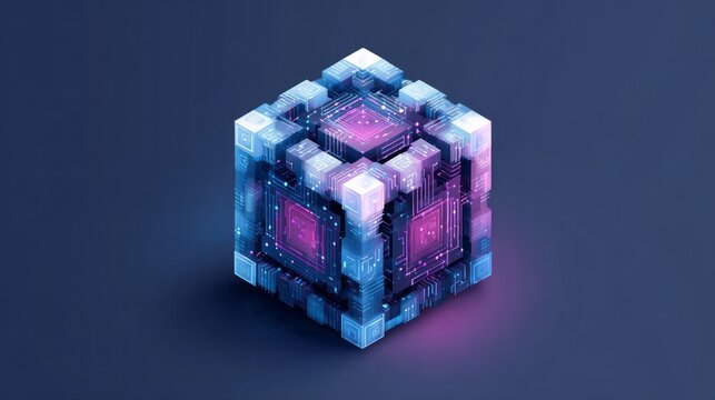 Illuminated digital cube structure displays glowing internal circuitry on a dark background