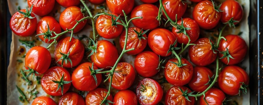 Ripe red cherry tomatoes baked with garlic and herbs on a tray. The juicy vegetables are cooked until soft, releasing savory aromas. A delightful side dish or ingredient for Italian cuisine.