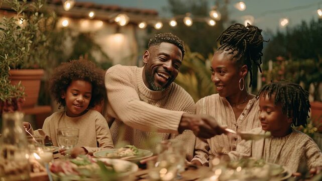 Joyful family gathering outdoors under string lights sharing dinner together