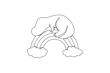 A sleepy dinosaur curls on a rainbow with clouds in single line drawing, great for kids theme with a animal concept, uniting prehistoric charm, fantasy, imagination, and cozy nursery decor.​ Cute dino