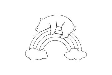 Continuous line drawing of an animal, a cute polar bear sleeping on a rainbow and clouds, a nature concept related to an international event rainbow hug, symbolizing tranquility and comfort.