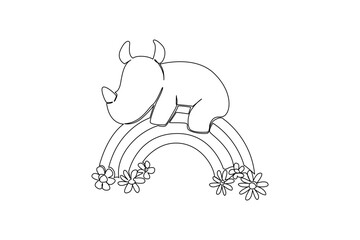 Continuous line drawing of a cute rhino sleeping on a rainbow, with flowers decorating its base, symbolizing peace, nature, and the joy of a rainbow hug.