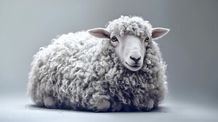 The fluffy sheep sits calmly on a soft surface, showcasing its thick, curly wool. This adorable sheep provides a peaceful presence in the serene and quiet setting.