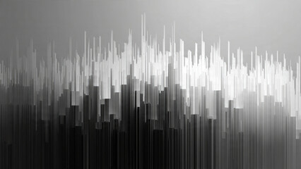Abstract digital cityscape with varying vertical bars in a monochrome palette, transitioning from dark to bright, creating a dynamic visual rhythm.