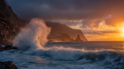 A powerful ocean wave crashes against the rocky shore, emphasizing nature's dramatic beauty. The sunset casts warm tones over the water and the rugged coastline of Madeira.