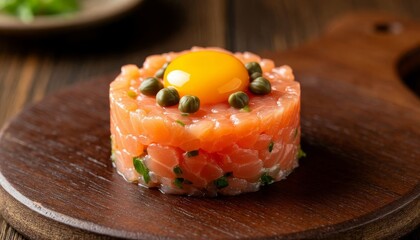 Salmon tuna tartare, finely diced raw fish on a rustic wooden board, topped with a bright egg yolk capers for an elegant, gourmet seafood appetizer product card image for food delivery app