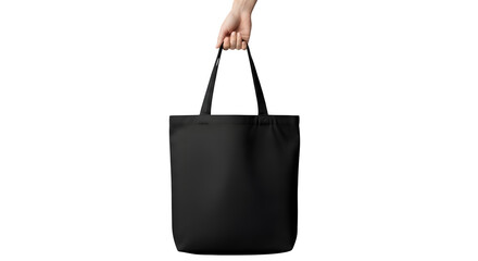 Hand Holding Black Fabric Tote Bag on Isolated transparent background