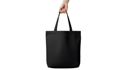 Hand Holding Black Fabric Tote Bag on Isolated transparent background