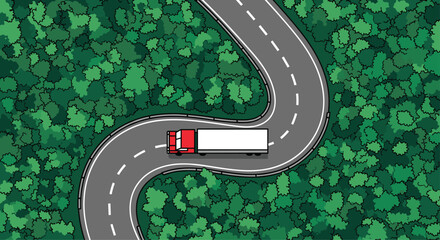 Truck driving through winding mountain road surrounded by lush green forest canopy, showcasing transportation and logistics in nature