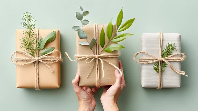 Elegant eco-friendly gift wrapping with natural leaves