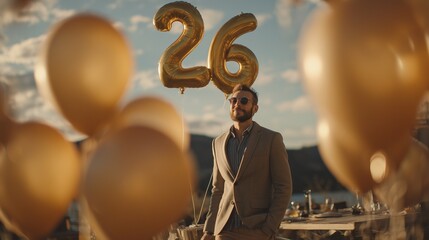 A tall man stands outdoors, proudly holding up gold balloons featuring the number 26 at an anniversary celebration. The man enjoys the festive atmosphere on this special occasion.