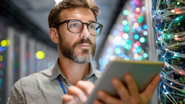 Man Using Tablet in Data Center Server Room with Lights IT Professional Working on Network Infrastructure and Cybersecurity Systems