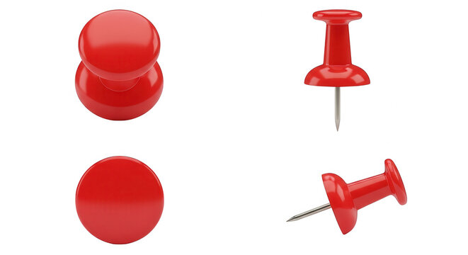 Four views of a red push pin isolated on transparent background