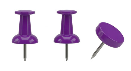 Three purple push pins shown from different angles isolated on transparent background