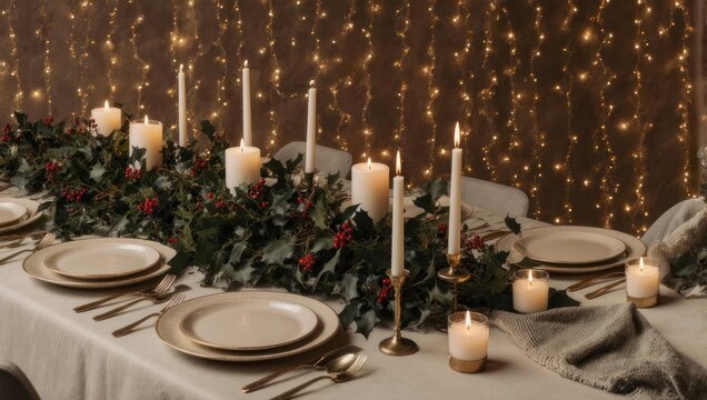 Festive table setting with lit candles, holly garland, plates, and gold accents against string lights