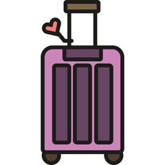 A Pink Hard Shell Rolling Suitcase with Purple Accents and a Small Heart Charm Attached to the Handle, Isolated on a Transparent Background, Perfect for Travel and Vacation Themes