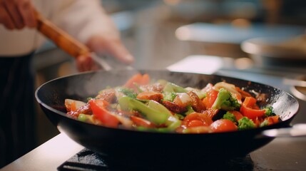 A chef skillfully stirs a vibrant mixture of vegetables and meat in a frying pan, creating a rich aroma in the kitchen. The chef uses precision while cooking over the heat.